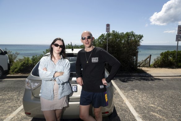Mount Eliza residents Tom Fernie and Taysha at the Sunnyside Beach foreshore car park, where parking is no longer free for visitors.