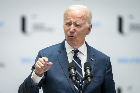 US President Joe Biden delivers his keynote speech at Ulster University in Belfast.