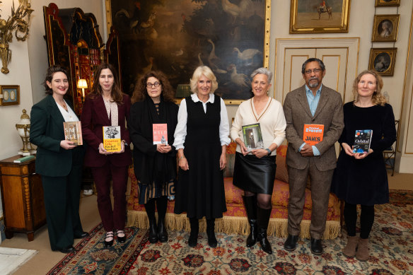 Shortlisted authors (from left) Yael van der Wouden, Rachel Kushner, Anne Michaels, with Queen Camilla, Charlotte Wood, Percival Everett and Samantha Harvey during a reception for The Booker Prize Foundation at Clarence House.