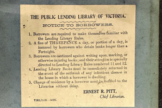 The warning about the threepence-a-day fine in the book’s back panel. Ernest R. Pitt was State Library of Victoria’s chief librarian from 1931 to 1943.