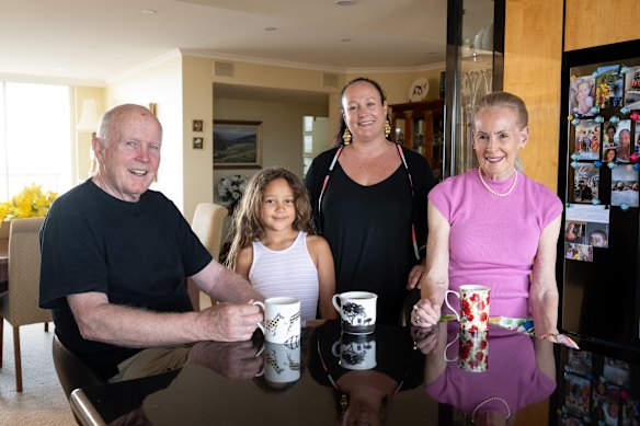 Welcome home: Carley Mchome, second from right, in Port Melbourne with her daughter Eliana and parents John and Ros Andrews.