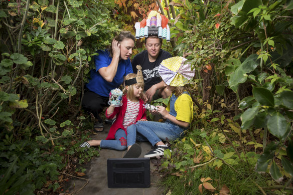 Bree Hankinson with her husband Kenny, their children Lulu, 6, and Avie, 9. Every year the extended family has a DIY Easter bonnet parade in a park, but this year it will take place on Zoom.