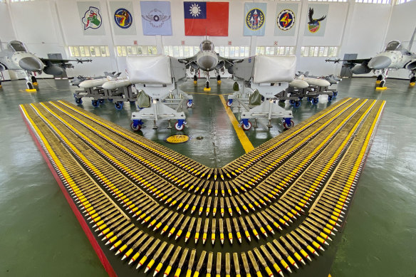Taiwan defence fighter jets on display with their weapon payload during a visit by Taiwan’s President to a military base in 2020. 