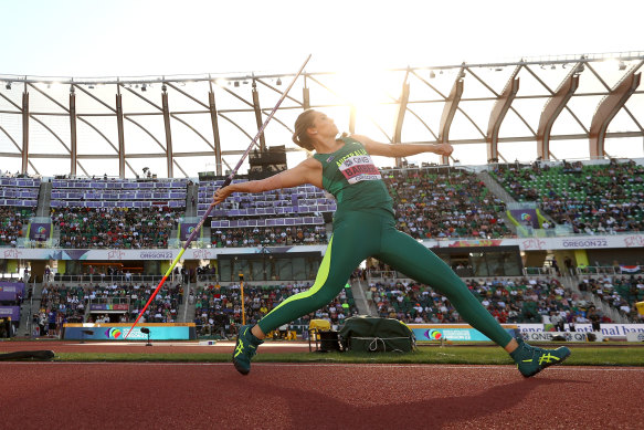 Kelsey-Lee Barber in action during the javelin final in Oregon.