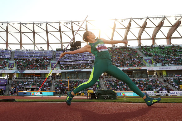 Kelsey-Lee Barber in action during the javelin final in Oregon.