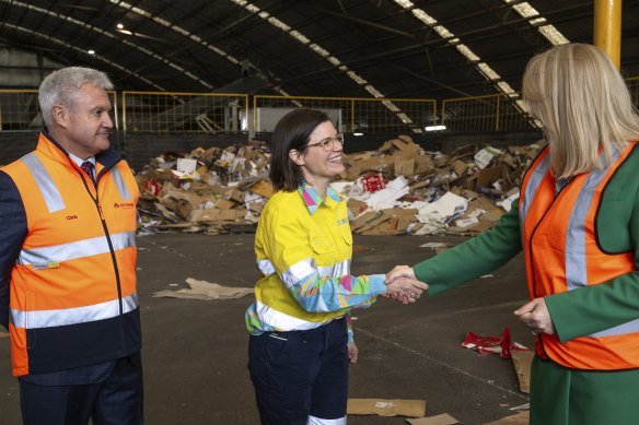 Capp with Citywide boss Chris Campbell (left) and Cleanaway’s Claire Halsey.