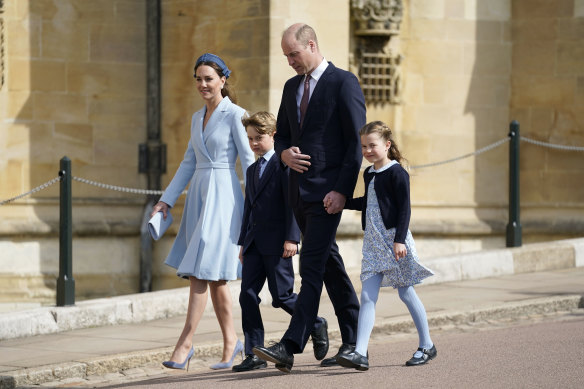 There are plans to coordinate appearances by George and Charlotte, pictured here with William and Kate at Easter church service this year, and their brother Louis, with public appearances by their cousins Archie and Lilibet. 