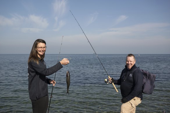 Fishcare’s Sarah van Stokrom and Ian Whiteside at the jetty off Beaumaris Yacht Squadron.