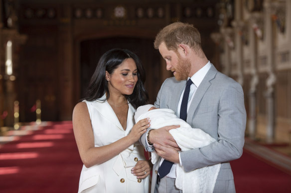 Meghan, the Duchess of Sussex, and Prince Harry with their son Archie after his birth in 2019.