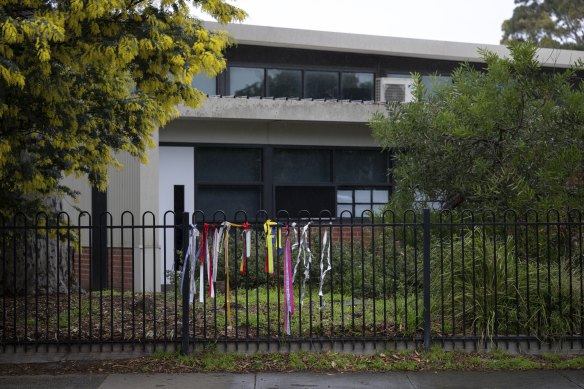 Ribbons on the fence at Beaumaris Primary School when the board of inquiry was announced in June.