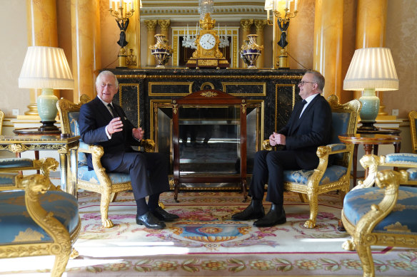 King Charles III and Prime Minister Anthony Albanese at Buckingham Palace.