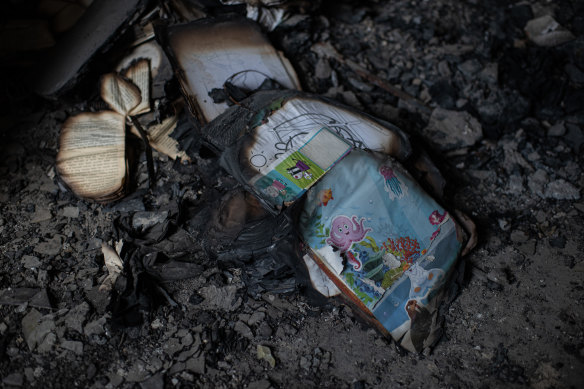 Childrens books seen inside a heavily damaged apartment building on May 28, 2022 in Chernihiv, Ukraine.
