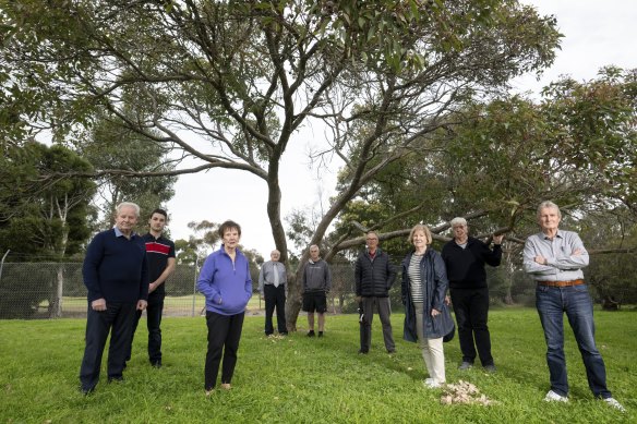 Angry Dingley Village residents in the Greenwood Close pocket park in front of the Kingswood Golf Course. Australian Super wants to sell the golf course, which has been closed and used as a park.