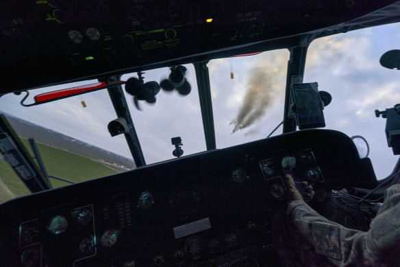 A Ukrainian helicopter fires at the Russian positions in the frontline in the Kherson region, Ukraine, Sunday, January 8, 2023.