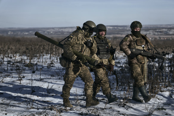 Ukrainian soldiers on their positions in the frontline near Soledar, Donetsk region.