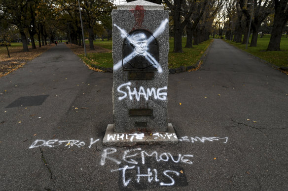 The Captain Cook statue in the Edinburgh Gardens, Fitzroy North has been defaced with phrases including 'Destroy white supremacy'.
