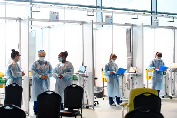 The COVID-19 vaccination hub at Melbourne Airport, run by Western Health, opened on Monday.