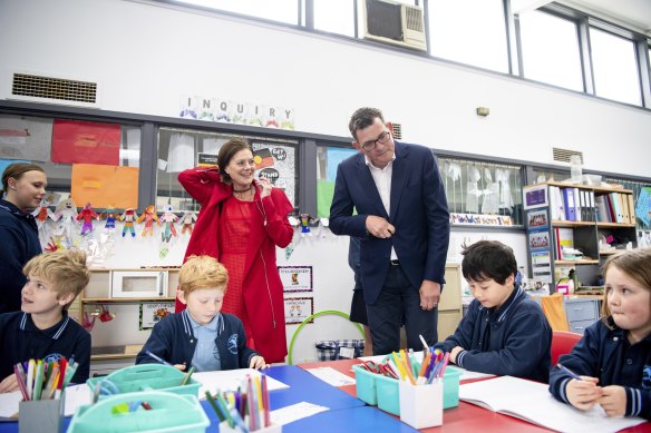 Premier Daniel Andrews and Carrum MP Sonya Kilkenny at Seaford North Primary School on Monday.