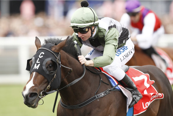 Linda Meech takes Thought Of That to the line in winning the Ladbrokes Classic on Caulfield Cup day.