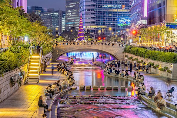 Downtown Seoul’s Cheonggyecheon is a showpiece public recreation created from a once heavily polluted stream.