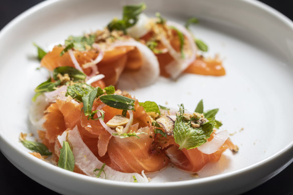 Cured trout with ginger, citrus and baby fennel.