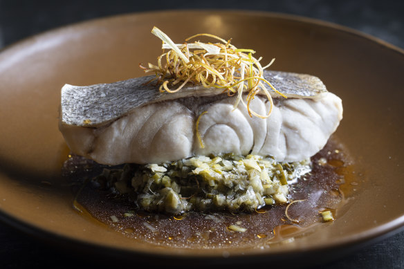 Steamed bass grouper with spring-onion relish.