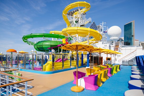 The two waterslides and one of the children’s water play areas.