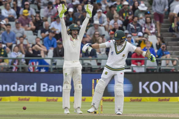 Tim Paine appeals for against Faf du Plessis in the 2018 Cape Town Test, where sandpapergate exploded.