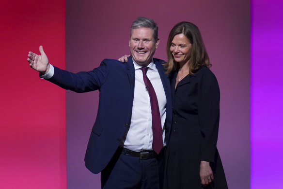 Leader of the British Labour Party Sir Keir Starmer, with his wife Victoria, on stage after making his keynote speech.