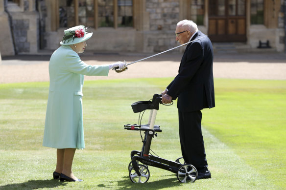 Captain Tom Moore was knighthood by the Queen at Windsor Castle on July 17 last year.