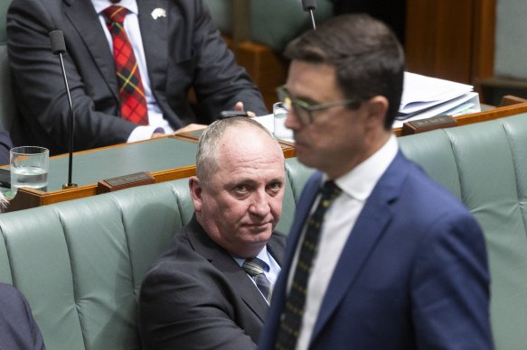 Opposition veterans’ affairs spokesman Barnaby Joyce and Nationals leader David Littleproud during question time at Parliament House in Canberra on Thursday.