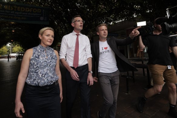 New Ryde MP Jordan Lane (right) with former NSW premier Dominic Perrottet and Perrottet’s wife Helen during the March election campaign.