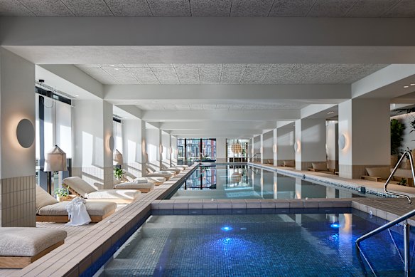 The communal swimming pool inside LIV Aston in Docklands is typical of the amenities of Melbourne’s premium-priced build-to-rent first wave.