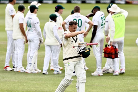 Marnus Labuschagne trudges off after throwing away his wicket in Gqeberha.