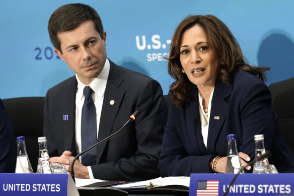 US Vice President Kamala Harris with Pete Buttigieg, US secretary of transportation.