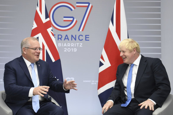 Prime Minister Scott Morrison and British Prime Minister Boris Johnson at the G-7 summit in France in 2019. 