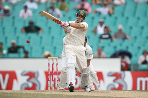 Matthew Hayden plays a pull shot in a Test against India at the SCG in 2008.