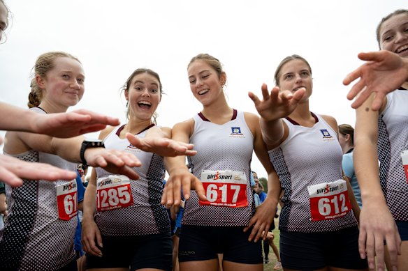 Members of Genazzano’s winning senior cross-country team, including Hannah Rusmin (fourth from left) at the interschool cross-country event in  Langwarrin on Friday.