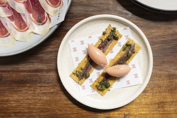 The signature anchovy with smoked tomato sorbet.