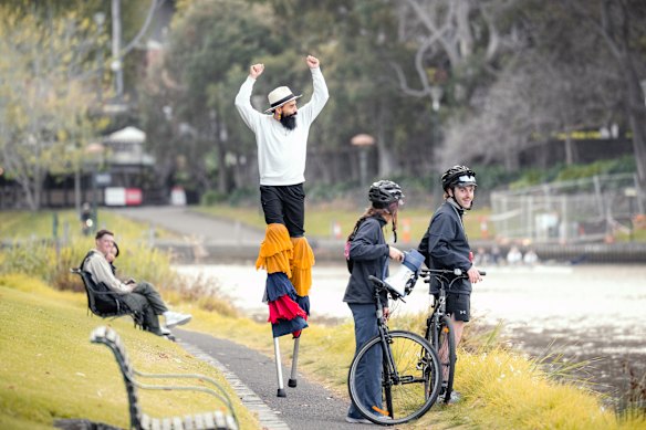 The 33-year-old Colombian says stilt walking is a more common hobby back home.
