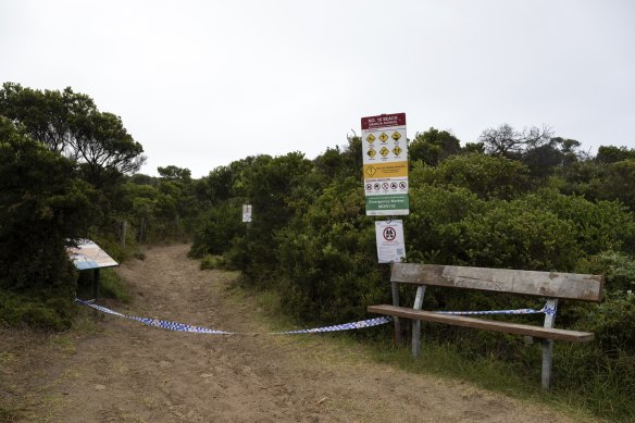 Police tape blocks the entrance to Number 16 Beach at Rye on Monday.