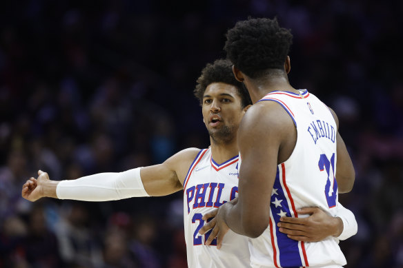 Matisse Thybulle with Philadelphia teammate Joel Embiid.