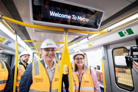 Danny Pearson, as infrastructure minister, with Jacinta Allan on a test train through the Metro Tunnel.
