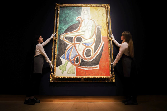 Pablo Picasso’s “Femme dans un rocking-chair” on display at Christie’s in London.