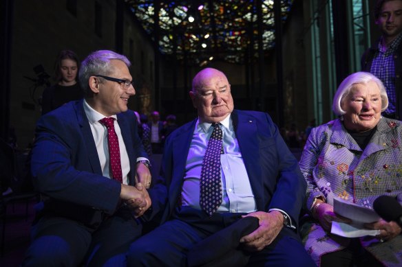 Danny Pearson, minister for creative industries, with Lindsay and Paula Fox on Tuesday.