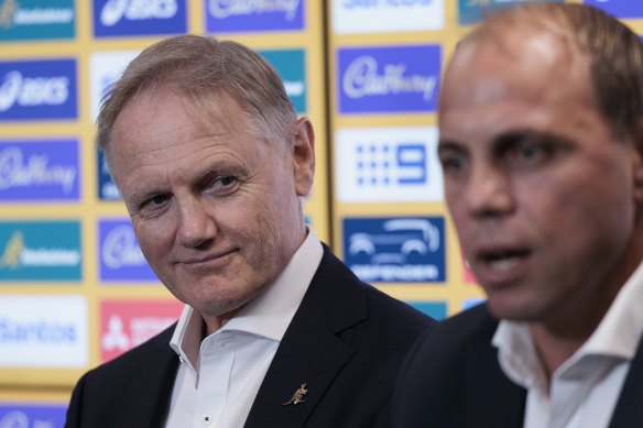 New Wallabies head coach Joe Schmidt with Rugby Australia chief executive Phil Waugh in January.
