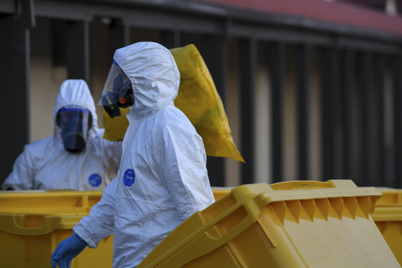 Clinical waste removalists at the St Basil's Homes for the Aged in Fawkner.