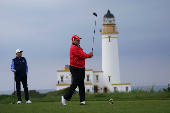 Donald Trump plays golf at his Trump Turnberry course in Scotland in 2023.