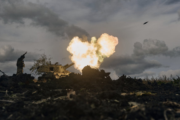 A Ukrainian self-propelled artillery vehicle fires near Bakhmut in Donetsk on Saturday.