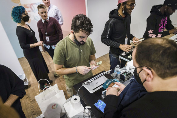 Customers purchase cannabis products at the Housing Works Cannabis Co, after the opening of New York’s first legal cannabis dispensary in December.
